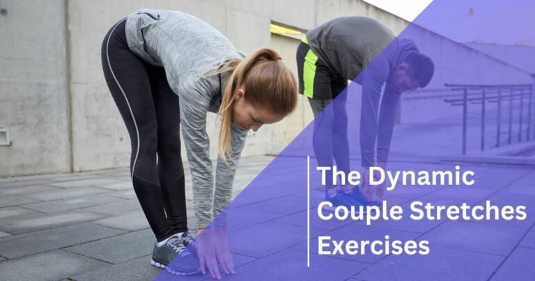 The Two white people that wear fitness outfit doing dynamic couple stretches exercise